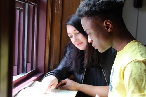 Jahshanti and Dr. Rachel Lauber study a Beethoven Score