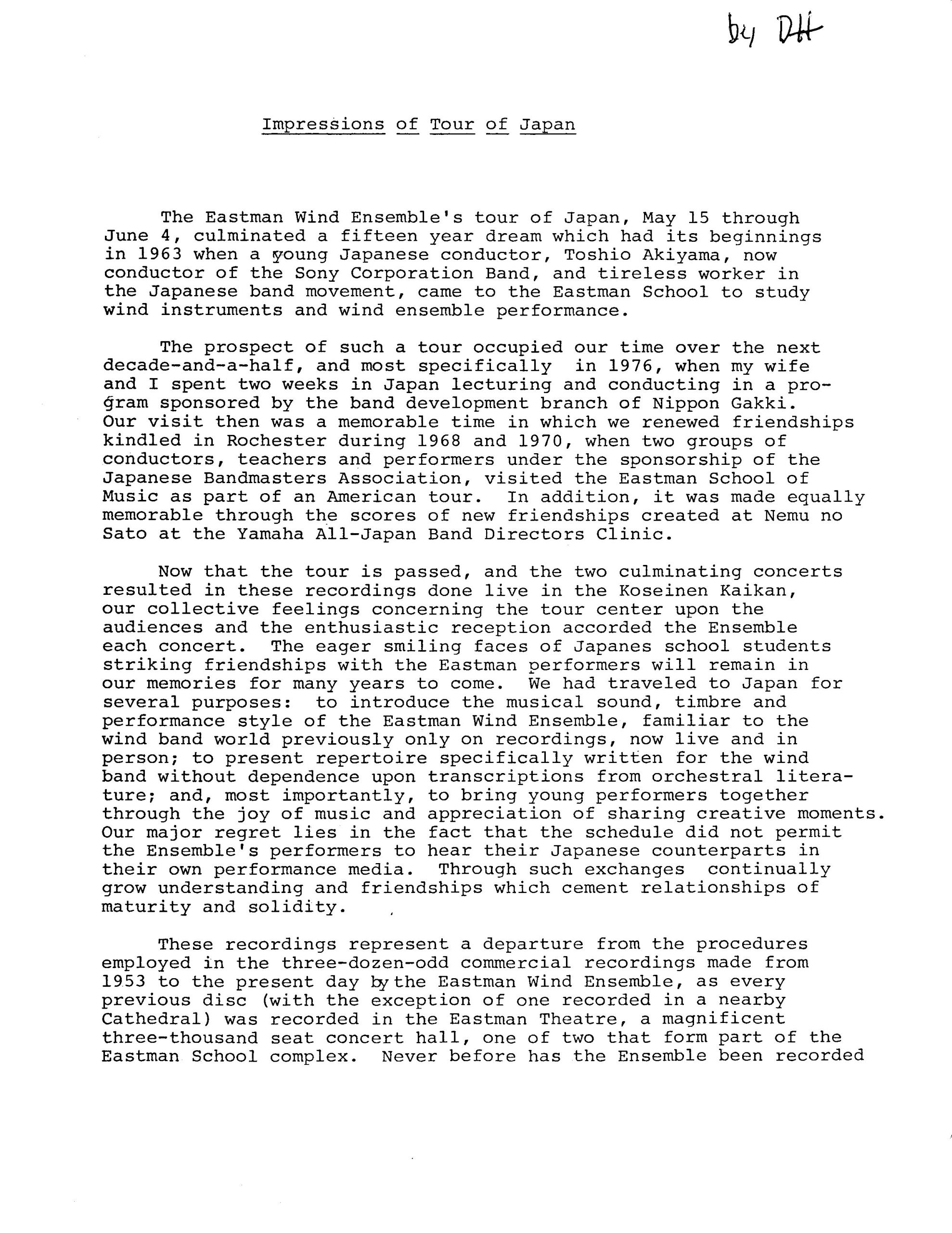 Dr. Hunsberger’s impressions of the EWE’s three-week experience in Japan. Significantly, he comments on the two-disc LP recording that was released by Toshiba Records, marking the EWE’s first live-performance commercial recording.