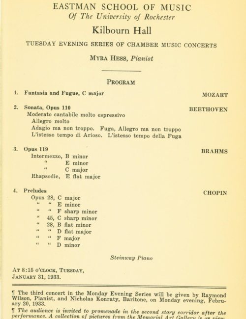 printed program, Myra Hess, January 31, 1933