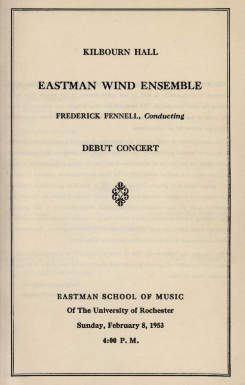 printed program, debut concert on February 8th, 1953. Eastman School of Music Archives