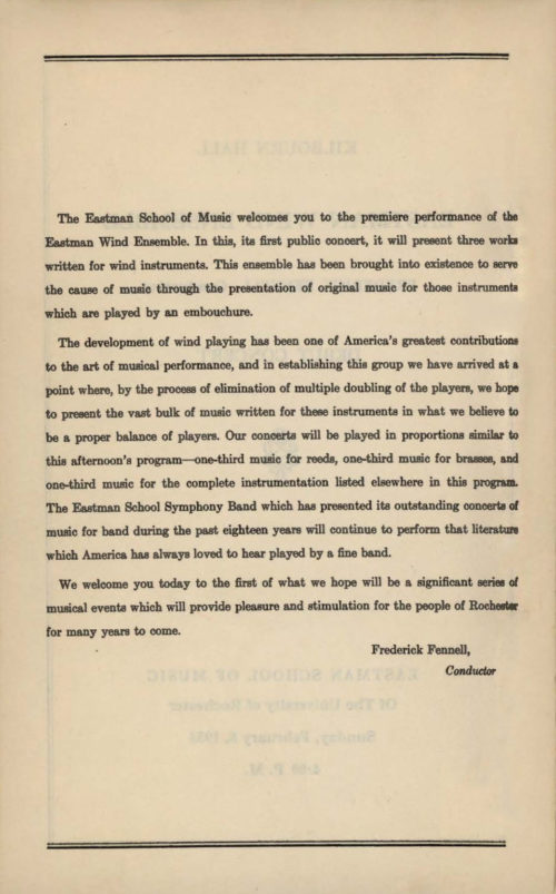 printed program, debut concert on February 8th, 1953. Eastman School of Music Archives