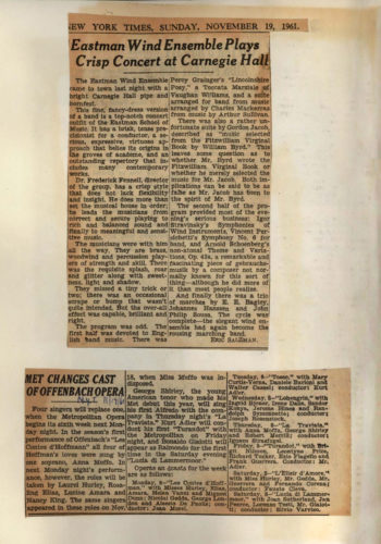 1961 November 19 Eastman Wind Ensemble at Carnegie Hall two reviews
