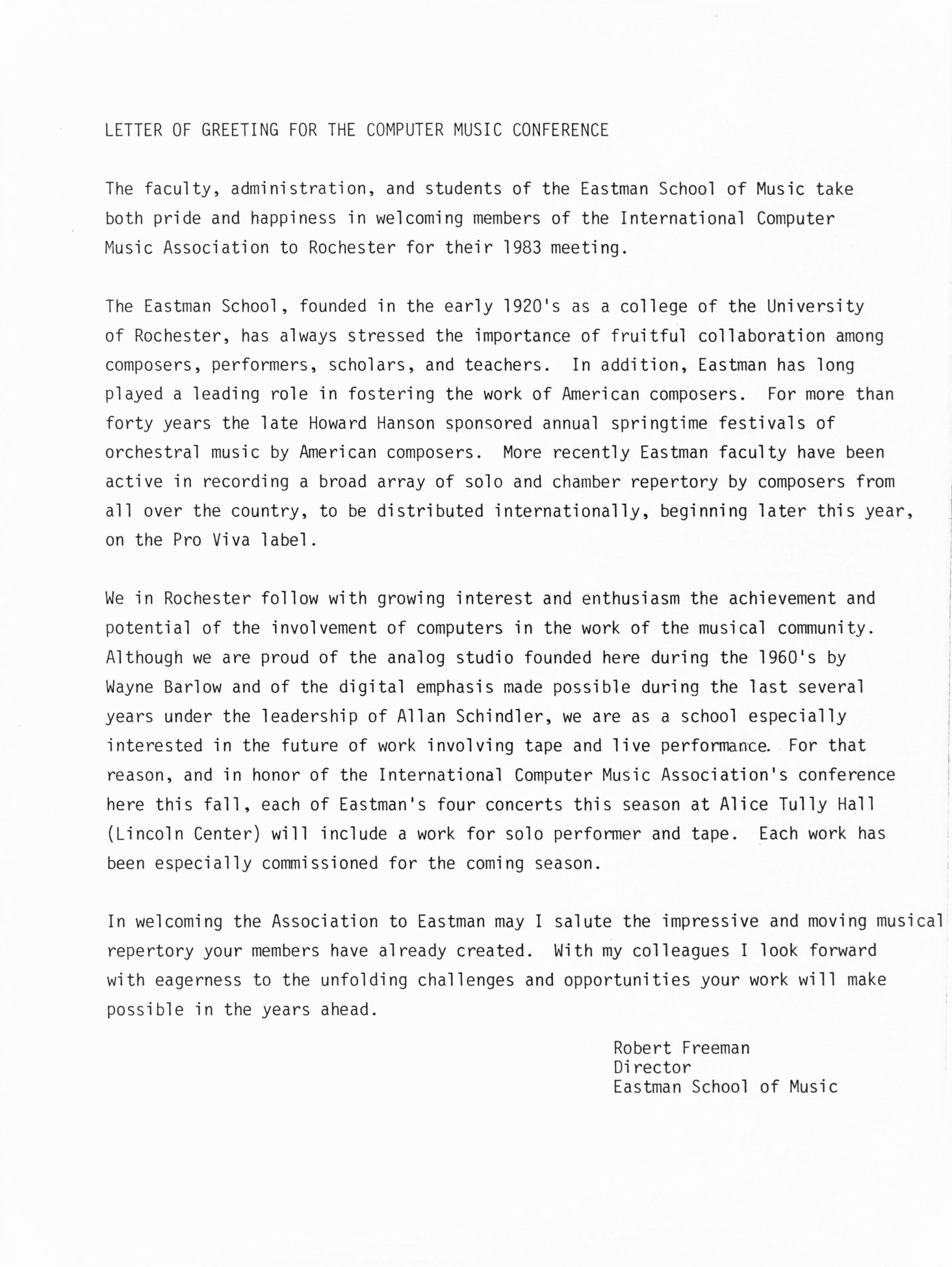 1983 ICMC, conference program, greeting from Robert Freeman