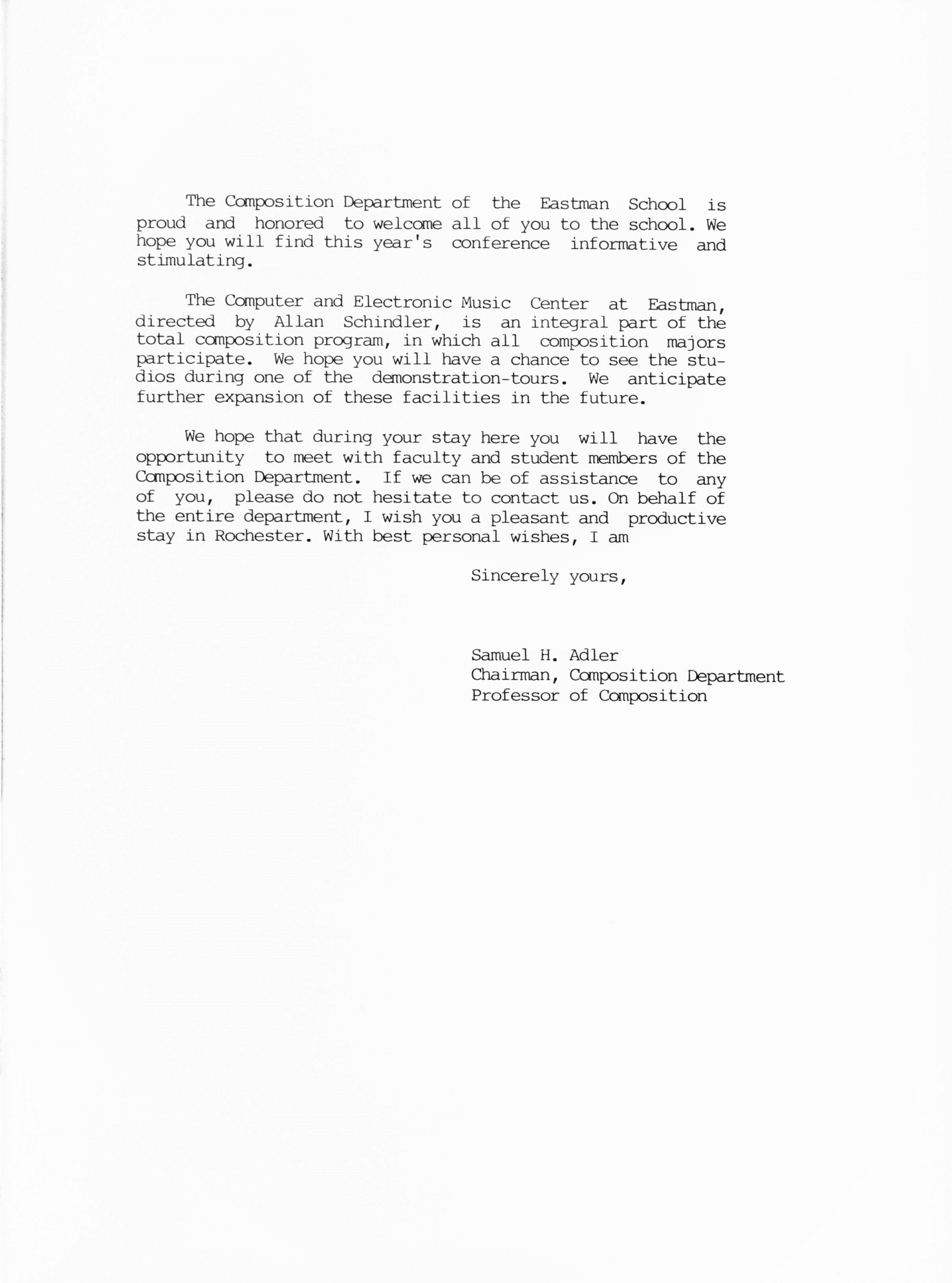 1983 ICMC, conference program, greeting from Samuel Adler