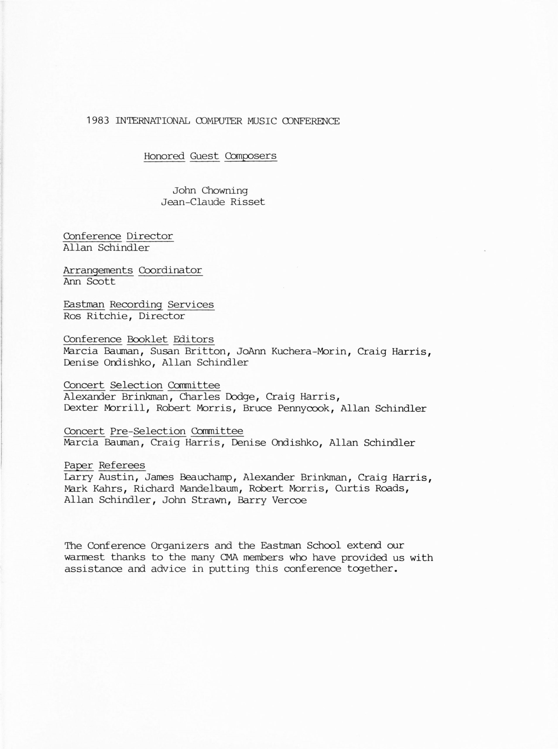 1983 ICMC, conference program, guest composers