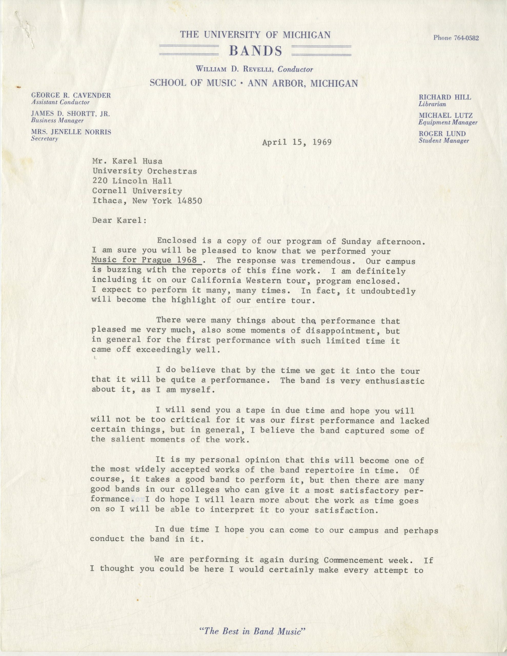 April 1969 letter from William Revelli (page 1).