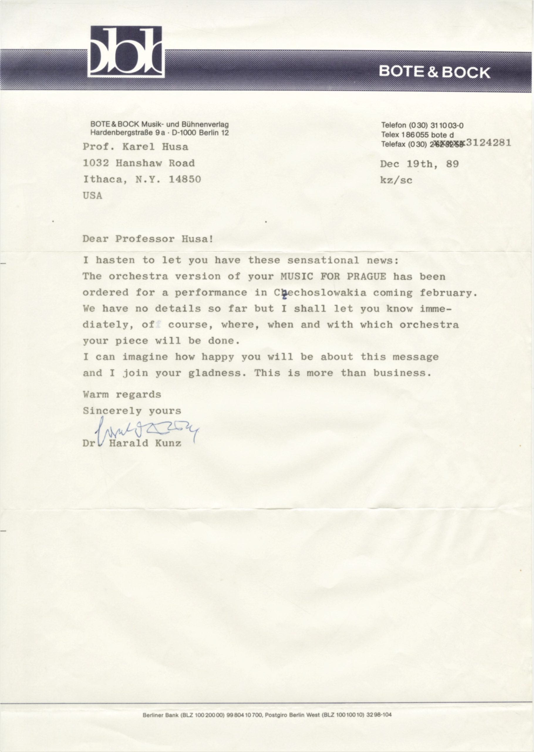 Letter from Bote and Bock publishing house in Berlin.