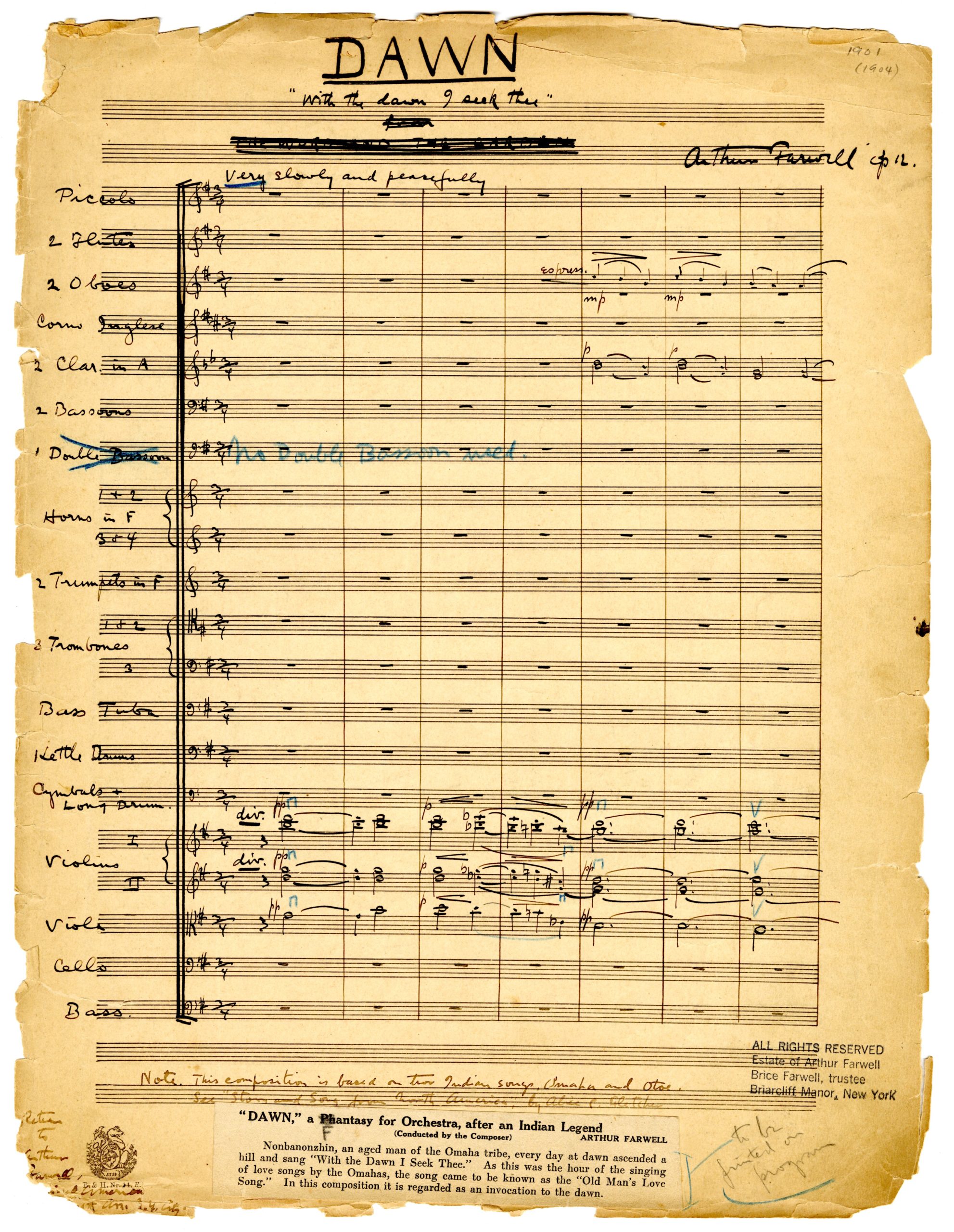 Dawn, orchestral score in ink, page 1.