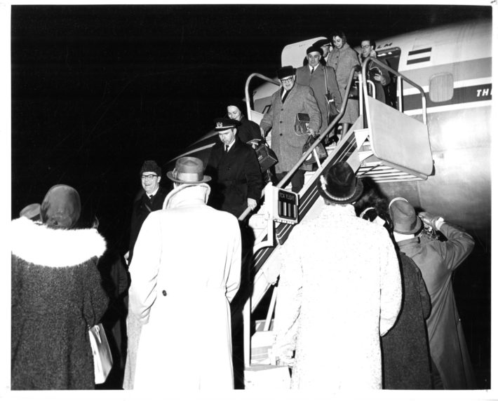 Members of the Eastman Philharmonia begin to de-plane from the KLM DC-8, led first of all by Dr. and Mrs. Hanson. Eastman School Photo Archive.
