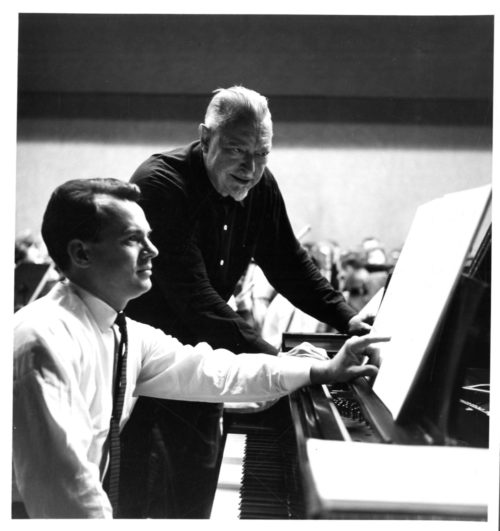 Conductor Hanson and soloist John La Montaine during rehearsal for the Carnegie Hall concert.