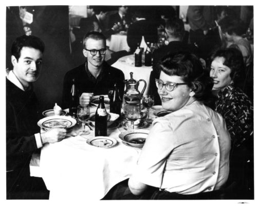 Four Philharmonia members at table.  From left to right, harpist Robert Barlow, BM ’61; violist Albert Filosa, BM ’64; violinist Jacqueline Masters, BM ’63; and violinist Margaret Harnish, BM ’63, MM ’64.