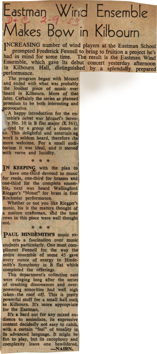 Eastman Wind Ensemble Makes Bow in Kilbourn Newspaper Clipping