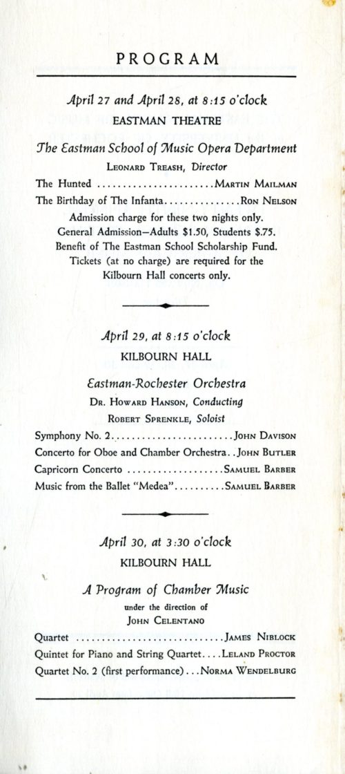 The entire programming for the 1959 Festival of American Music at the Eastman School.