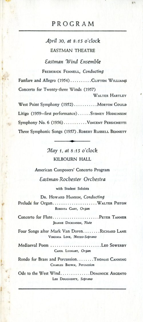 The entire programming for the 1959 Festival of American Music at the Eastman School.