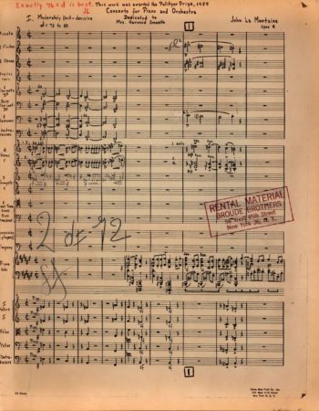 First page of music in the conductor’s score of the Concerto, opus 9. John La Montaine Collection.