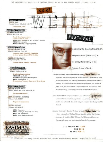 The Festival’s publicity brochure featured a photograph of Kurt Weill by Lotte Jacobi (Berlin, 1930). It was provided by courtesy of the Kurt Weill Foundation for Music (New York City).