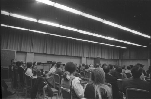 Marian McPartland performs on piano before an audience of Eastman School students and faculty members