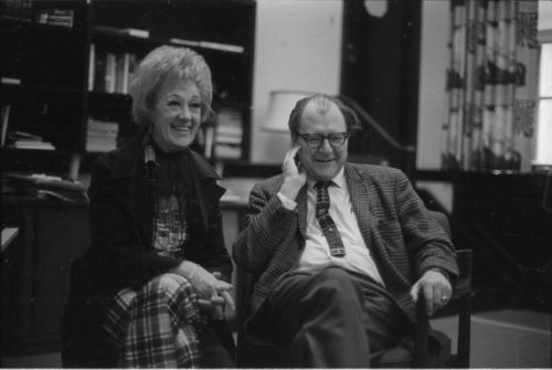 Marian McPartland and Eastman School Director Walter Hendl visit in the Director’s Studio, joined by composer-writer Alec Wilder.