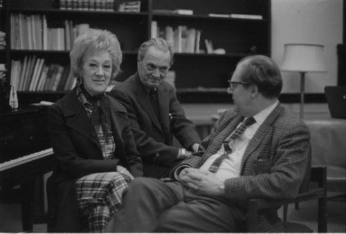 Marian McPartland and Eastman School Director Walter Hendl visit in the Director’s Studio, joined by composer-writer Alec Wilder.