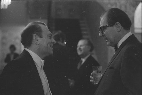 Professor Warren Benson and members of the Eastman Quartet with guests and colleagues at the reception hosted by Mr. and Mrs. Walter Hendl at Hutchison House following the concert.