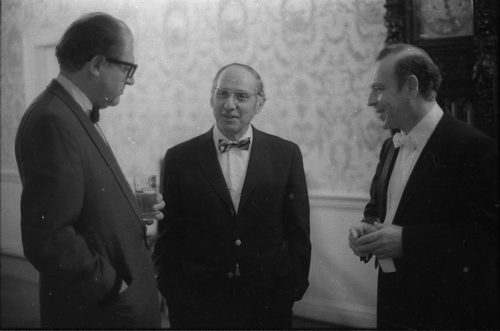 Professor Warren Benson and members of the Eastman Quartet with guests and colleagues at the reception hosted by Mr. and Mrs. Walter Hendl at Hutchison House following the concert.