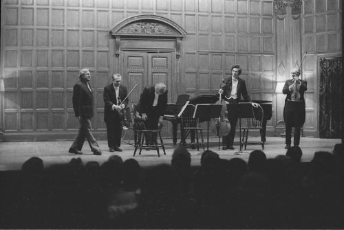 Professor Warren Benson and the members of the Eastman Quartet acknowledge applause on-stage in Kilbourn Hall following the performance of Capriccio.
