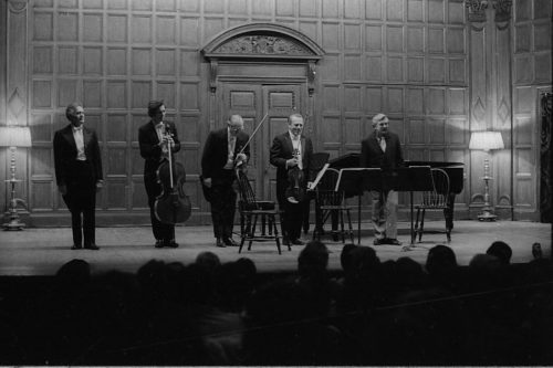 Professor Warren Benson and the members of the Eastman Quartet acknowledge applause on-stage in Kilbourn Hall following the performance of Capriccio.