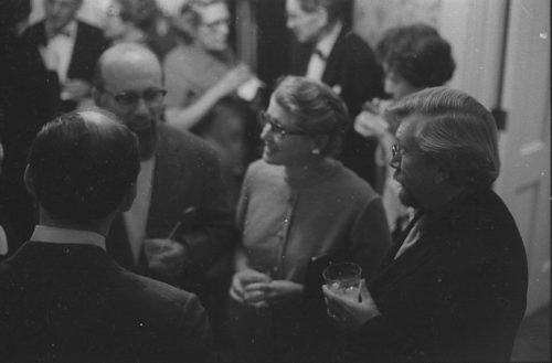 Professor Warren Benson and members of the Eastman Quartet with guests and colleagues at the reception hosted by Mr. and Mrs. Walter Hendl at Hutchison House following the concert.