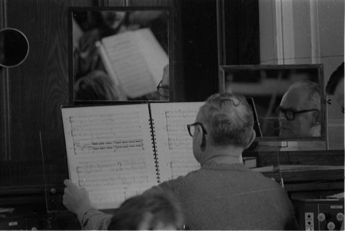 A close-up of Professor David Craighead at the organ console during a rehearsal in Lake Avenue Baptist Church.