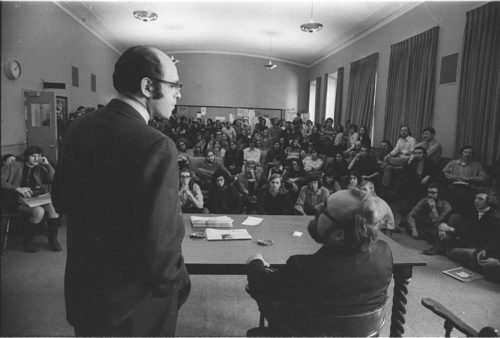 Two days before the Eastman Philharmonia concert, composer Krzystof Penderecki met with Eastman School composition students in a specially scheduled afternoon session. Director Walter Hendl introduced the composer, and Professor Samuel Adler appeared alongside him for part of the session.