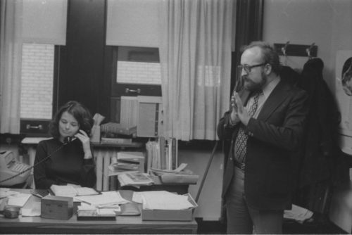 Two days before the Eastman Philharmonia concert, composer Krzystof Penderecki met with Eastman School composition students in a specially scheduled afternoon session. Director Walter Hendl introduced the composer, and Professor Samuel Adler appeared alongside him for part of the session.