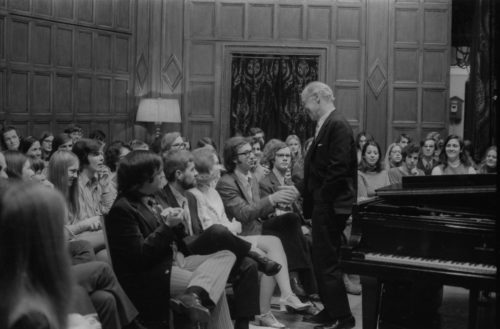 Guest artist Rudolf Serkin in master class with Eastman School students on the stage of Kilbourn Hall.