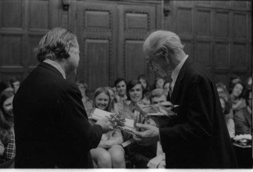 Guest artist Rudolf Serkin in master class with Eastman School students on the stage of Kilbourn Hall.