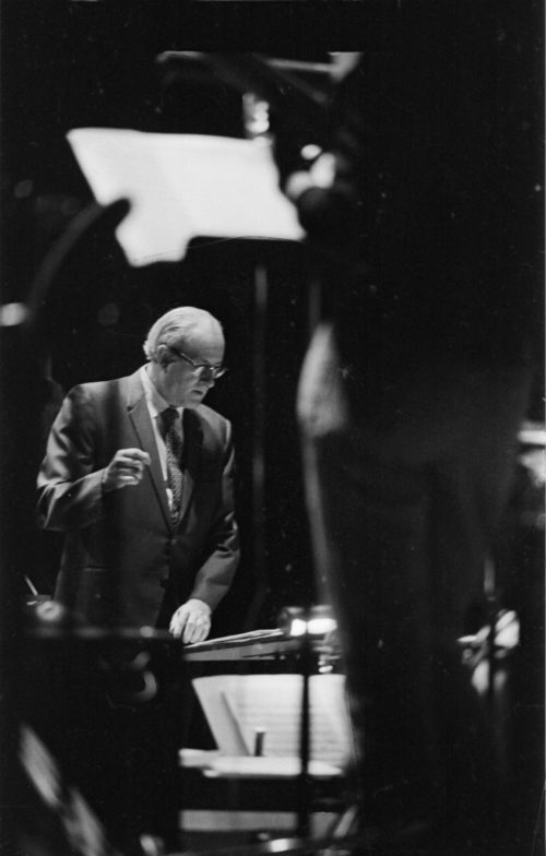 Jack End and the members of the Eastman Jazz Ensemble on-stage in the Eastman Theater; Professor John Beck is percussion soloist. April, 1972. Photos by Louis Ouzer.