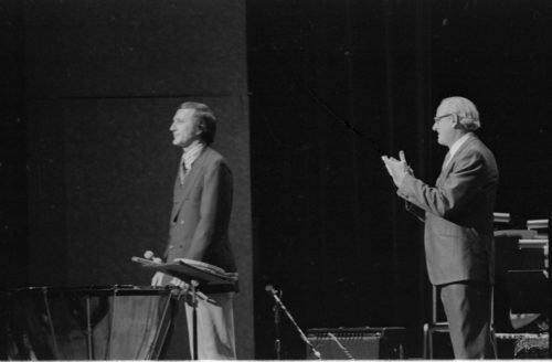 John Beck and EJE Director Jack End acknowledge one another and the applause of the audience