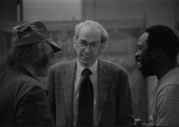 Thad Jones in conversation with Ray Wright and an unidentified member of the Eastman Jazz Ensemble