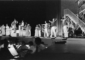 Cast members and dancers during a dance sequence. Carousel, Opera under the Stars, Highland Park Bowl, July 13, 1973.