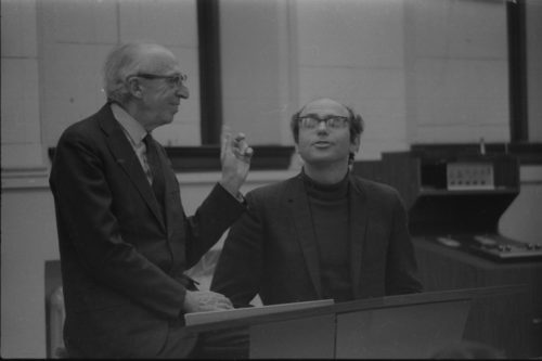 Aaron Copland visits with fellow composer Sam Adler, May 1st, 1974.