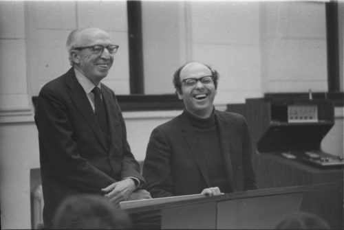 Aaron Copland visits with fellow composer Sam Adler, May 1st, 1974.