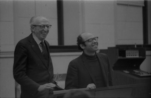 Aaron Copland visits with fellow composer Sam Adler, May 1st, 1974.