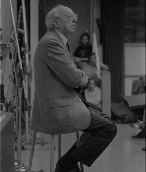 On another return visit to the Eastman School, Aaron Copland speaks to Eastman students on April 25th, 1979.