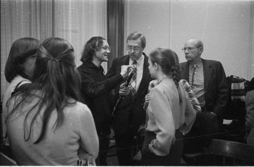 Heinz Holliger working with Eastman oboe majors. Faculty members Robert Sprenkle and Philip West are also present.