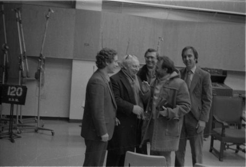 Violinist Isaac Stern enjoying conversation with Eastman School faculty members. From left to right: Charles Castleman, Isaac Stern, Zvi Zeitlin, RPO Music Director David Zinman, Donald Weilerstein