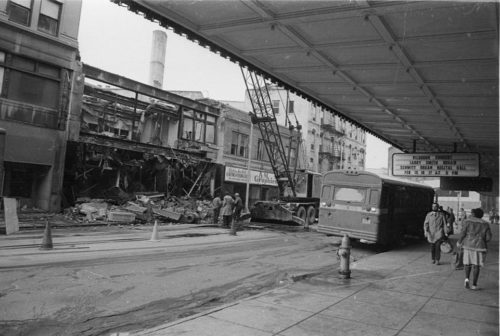 shots of demolition work on Gibbs Street taken from the south side