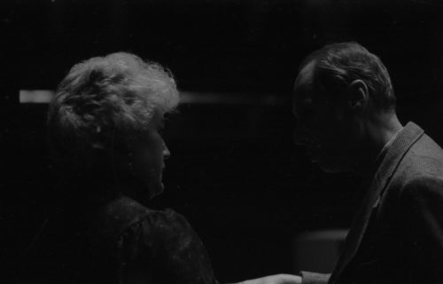 Mezzo soprano Jan DeGaetani confers with Alfred Mann. Photo by Louis Ouzer, master negative no. R3249-10A.