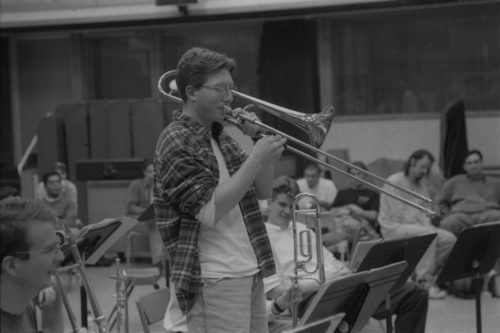 Members of the Eastman Jazz Ensemble rehearse under Fred Sturm’s direction in Room 120 (today the Ray Wright Room) on October 17th, 1996.