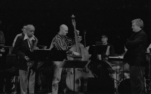 members of the Eastman Jazz Ensemble, with guest artist Benny Carter, all led by director Fred Sturm.