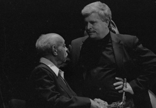 members of the Eastman Jazz Ensemble, with guest artist Benny Carter, all led by director Fred Sturm.