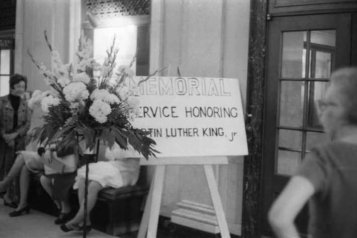 Poster in the Main Hall (today Lowry Hall) promoting the memorial service to be held on April 9th, 1969.
