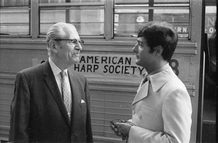 Renowned harpist-composer Marcel Grandjany with Eastman alumnus Robert Barlow during the conference, June, 1969.
